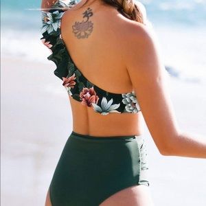 Dark Green Floral One Shoulder High Waisted Bikini